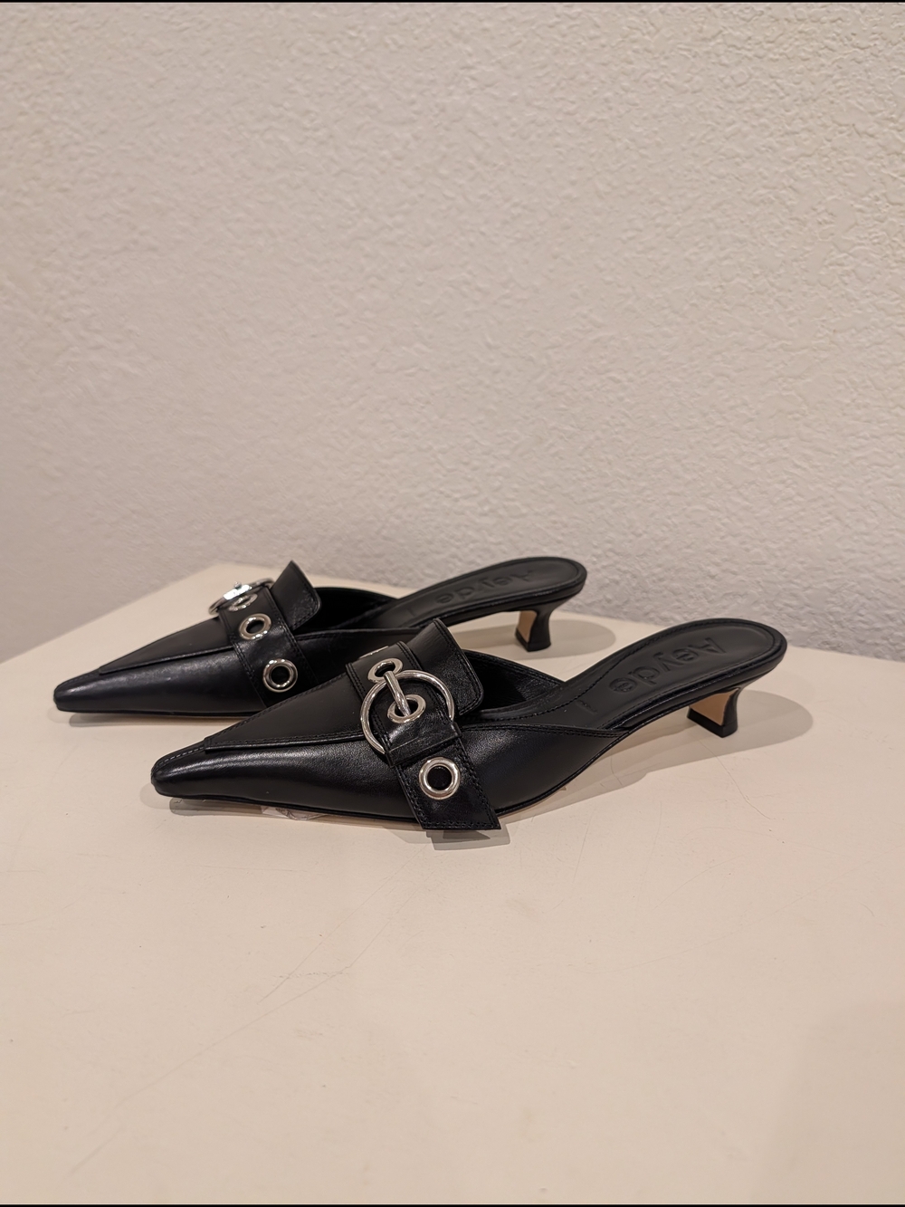 Aeyde Black Pointed Leather Kitten Heel Mules with Silver Hardware